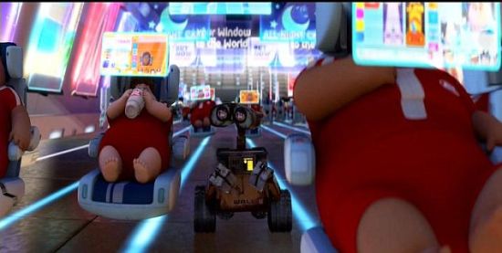 皮克斯動(dòng)畫(huà)工作室拍攝的《機(jī)器人總動(dòng)員》的劇照。在這部動(dòng)畫(huà)片描繪的未來(lái)世界，人們因?yàn)檫^(guò)度依賴技術(shù)成為大胖子，失去了行走能力