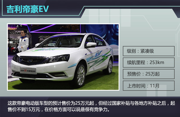根據獲得的信息來看，這款帝豪電動版車型的預計售價為25萬元起，但經過國家補貼與各地方補貼之后，起售價不到15萬元，在價格方面可以說是很有競爭力。車身尺寸方面與普通汽油版車型相同，長、寬、高分別為4631/1789/1470mm，軸距2650mm。