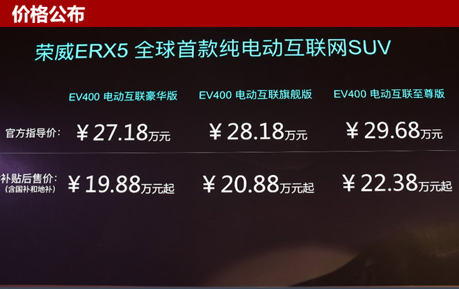 上汽榮威ERX5上市 補貼后售19.88萬元起