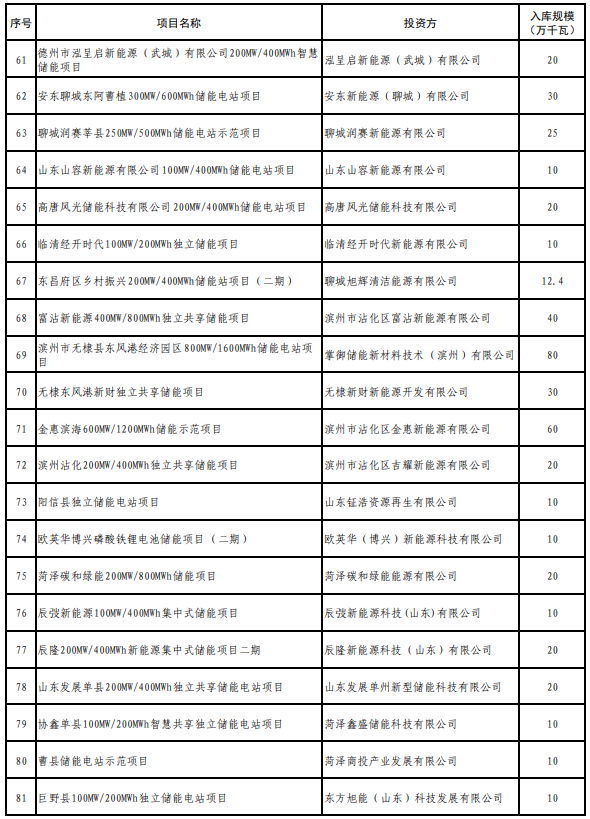 山東2025年度新型儲(chǔ)能入庫(kù)項(xiàng)目公示