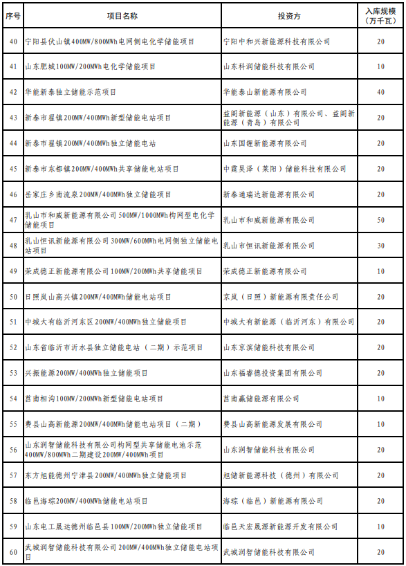 山東2025年度新型儲(chǔ)能入庫(kù)項(xiàng)目公示