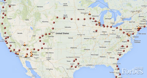 特斯拉超級充電站分布。橙色圓點表示該充電站還在建設之中