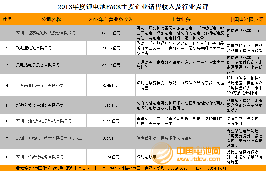 2013年度鋰電池PACK主要企業(yè)銷售收入及點(diǎn)評(píng)