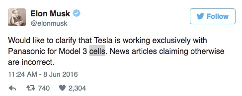 馬斯克否認三星將為特斯拉Model 3供應(yīng)動力電池