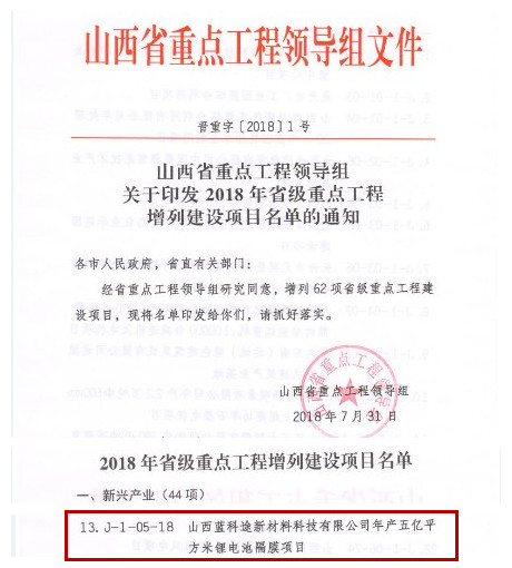 山西藍科途鋰電池隔膜項目列入2018年山西省重點工程