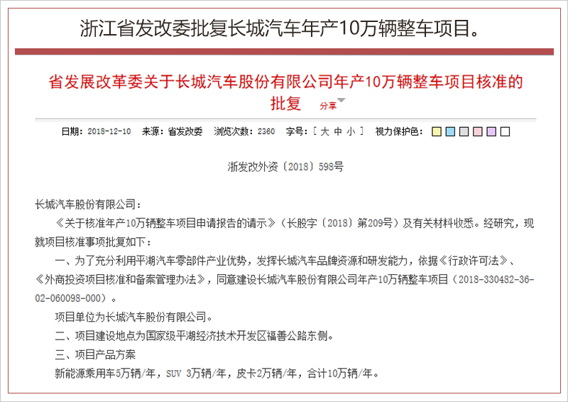 長城汽車投資20億浙江建廠 將新增10萬輛產能