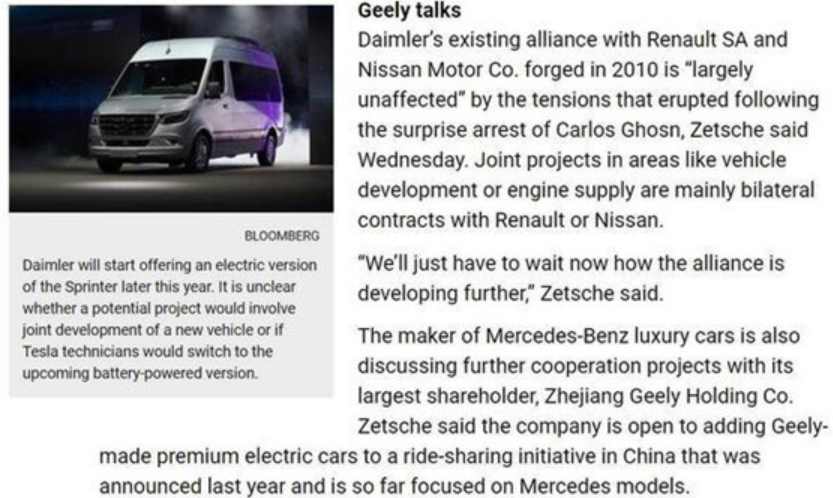 蔡澈：戴姆勒與吉利就深化合作展開談判