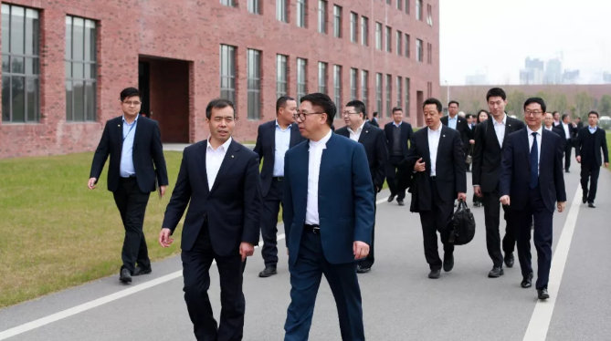 國軒高科董事長李縝（前排右）陪同北汽集團總經理張夕勇（前排左）參觀國軒高科