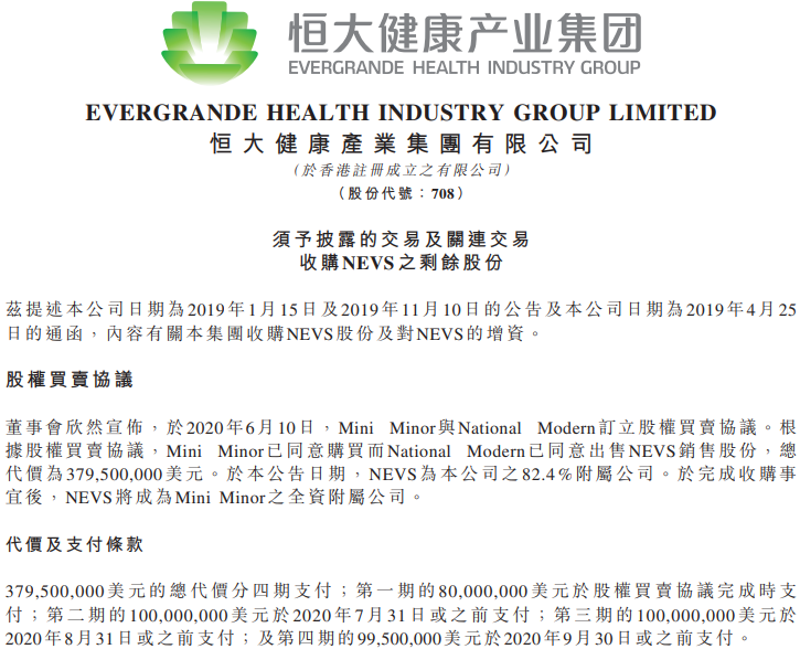恒大健康擬3.79億美元收購NEVS剩余17.6%股權