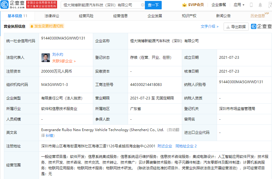 恒大瑞博新能源汽車公司成立 注冊(cè)資本20億