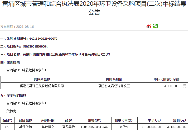 黃埔區2020年環衛設備采購項目公開招標（二次）中標結果