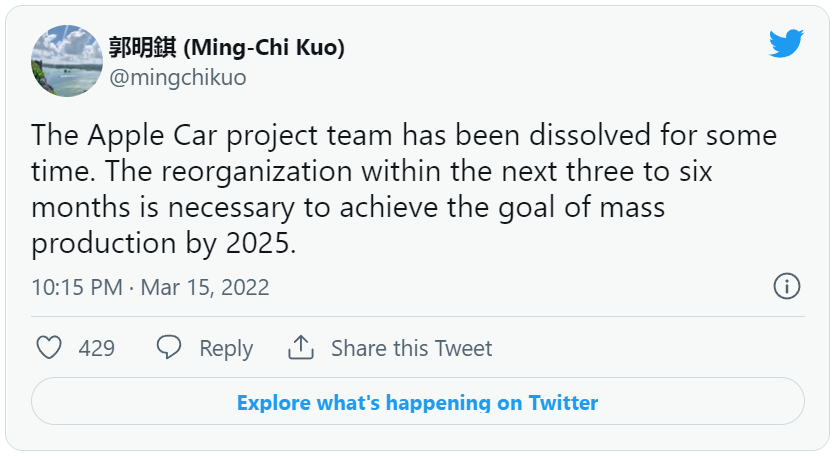 傳蘋果汽車團(tuán)隊(duì)已解散，2025年新車亮相成疑？