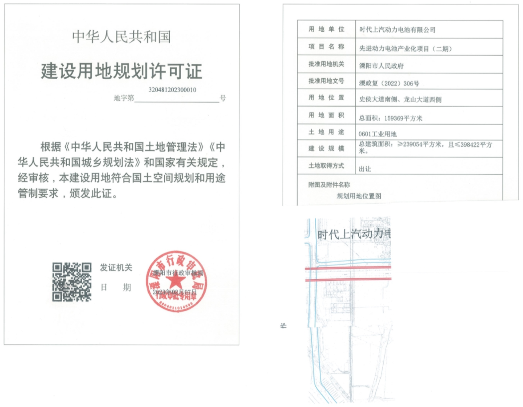120億！時代上汽溧陽動力電池項目（二期）獲建設用地規劃許可 